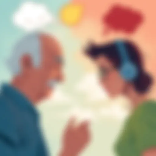 An illustration showing a Baby Boomer and a Millennial facing each other with thought bubbles containing their dreams and realities.