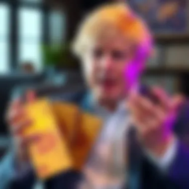 Boris Johnson gestures while discussing cardboard collectibles and Bitcoin, illustrating his views on fiat currency failures amid inflation.