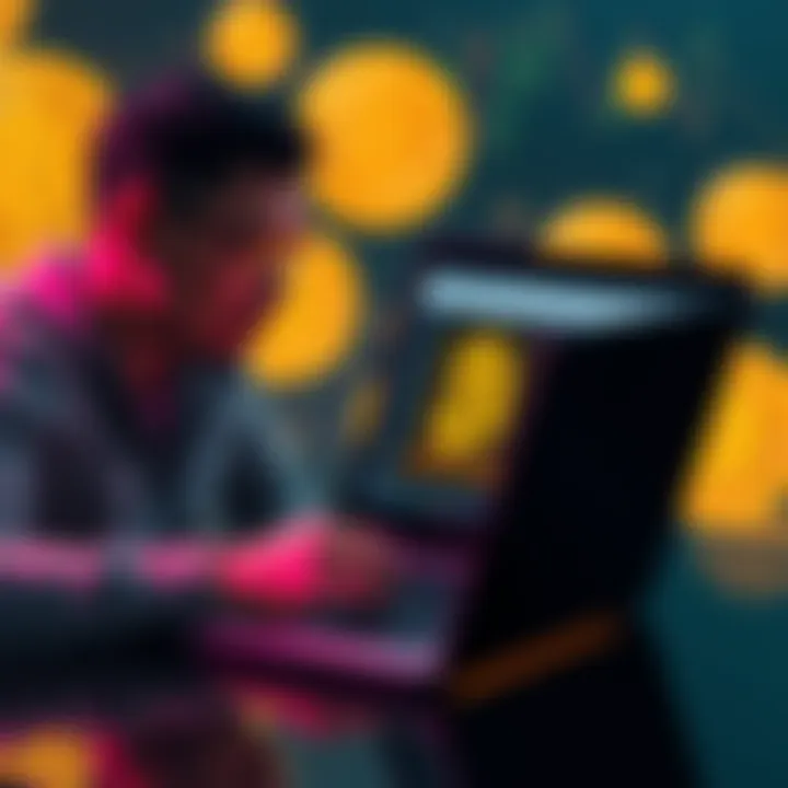 A person reviewing Bitcoin loan options on a laptop, with Bitcoin symbols in the background, illustrating the concept of borrowing against cryptocurrency.