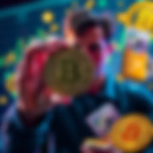 A person holding a Bitcoin symbol while considering borrowing options, with cash and Bitcoin graphics in the background.