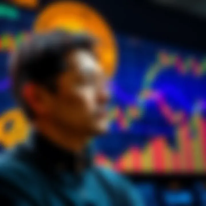 A person considering borrowing against Bitcoin to invest more, with Bitcoin charts and graphs in the background.