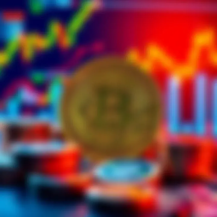 A visual representation of Bitcoin being used as collateral for investing in stocks, with stock market graphs and money symbols in the background