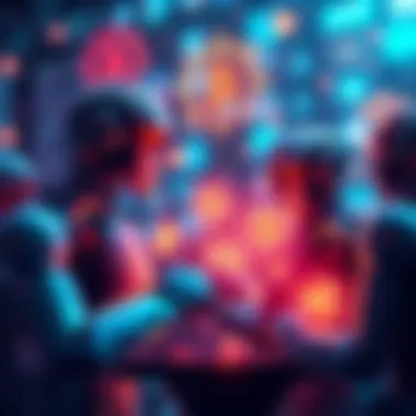 A graphic showing robotic figures interacting with digital governance symbols, representing the role of bots in decentralized decision-making.