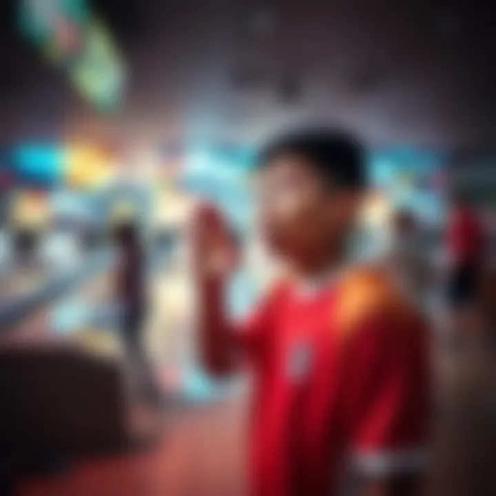 A bowling player looks surprised while viewing advertisements after winning a game.