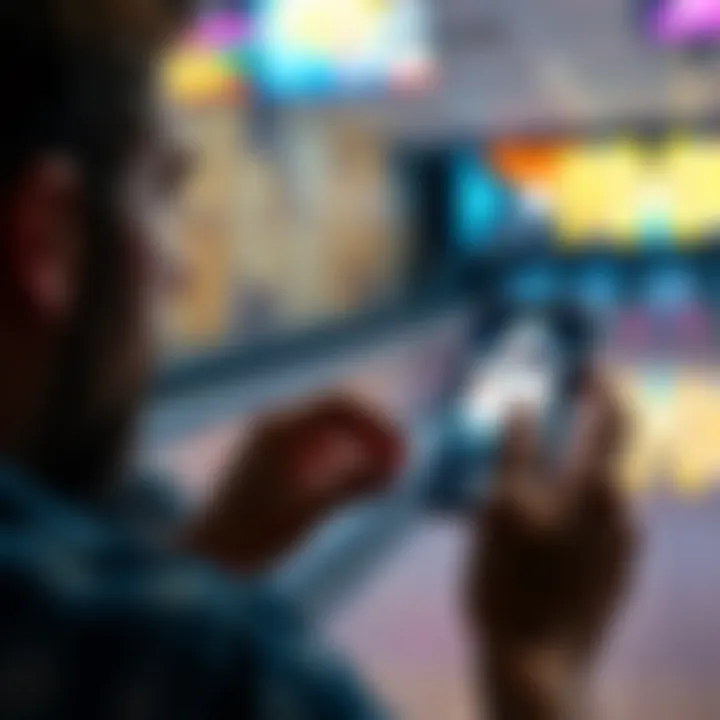 A frustrated user looking at a smartphone with a bowling game app that shows an error connecting to opponents after an ad.