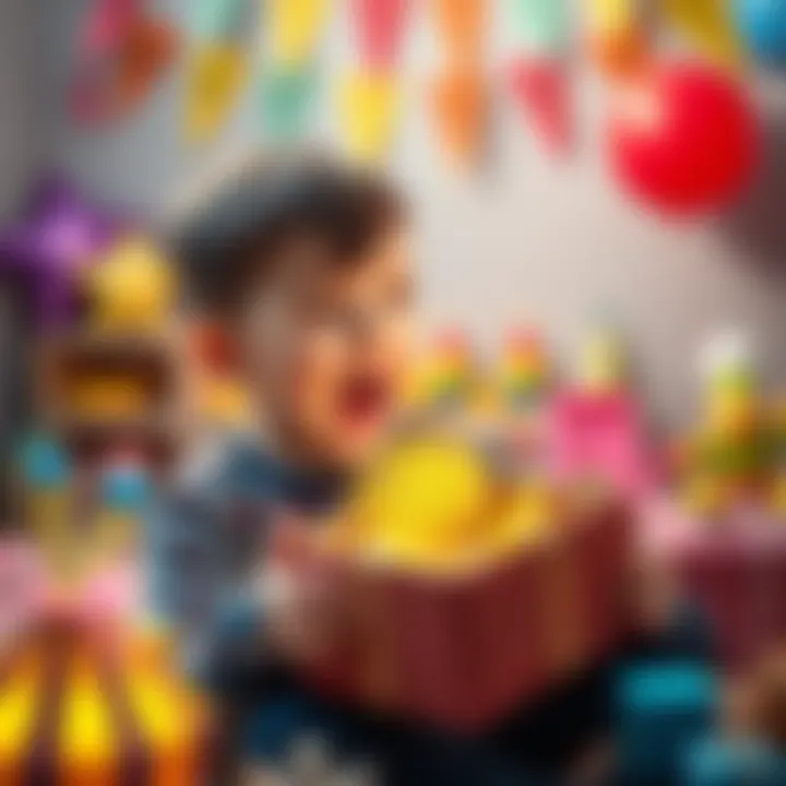 A young boy excitedly opening a gift that contains a Bitcoin wallet, surrounded by colorful birthday decorations and toys.