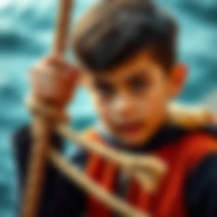 A young boy with a determined expression, holding onto a rope tightly, symbolizing resilience and perseverance in tough situations.