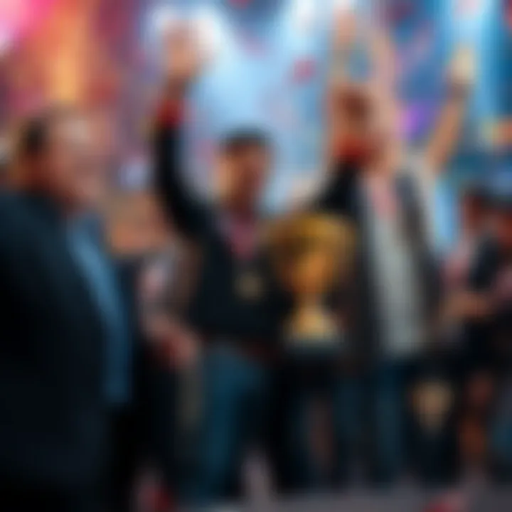 Brad stands proudly with a trophy, surrounded by friends and colleagues celebrating his accomplishments.