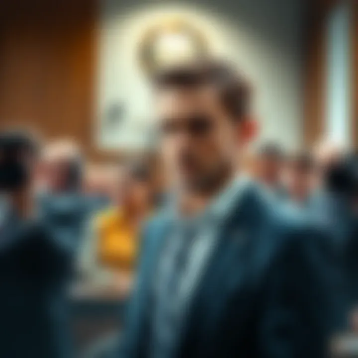 Braden Karony stands in court being sentenced for fraud, surrounded by officials and media.