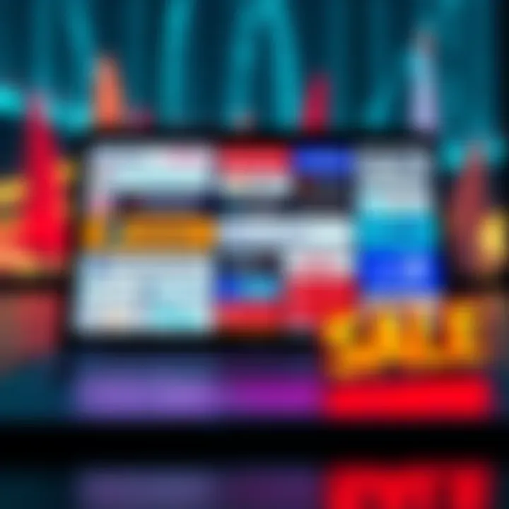 A collection of branded .eth domains displayed on a laptop screen, including names related to airlines and marketplaces, with a digital sale sign