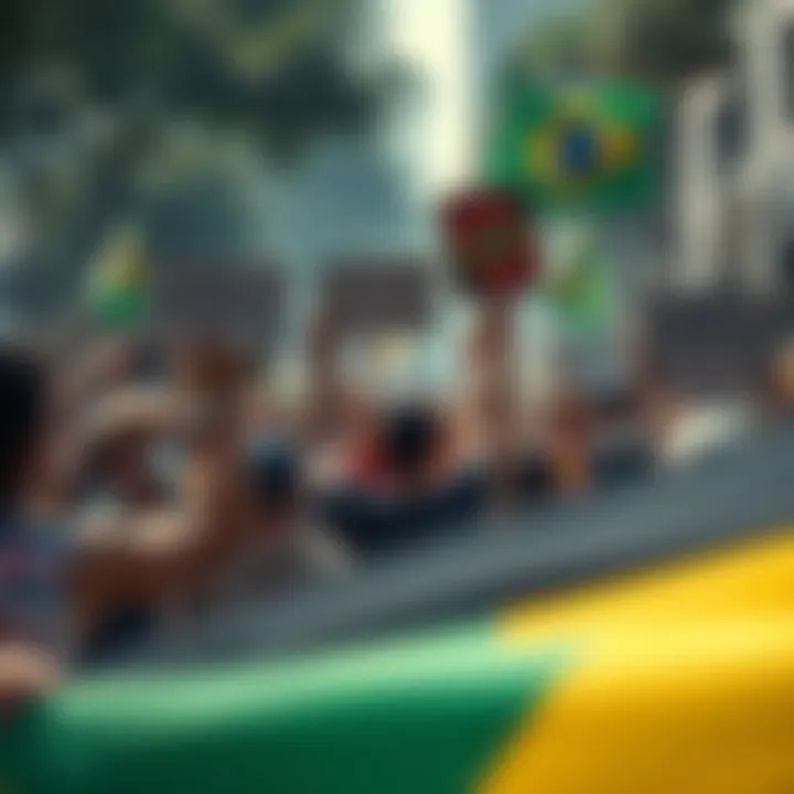 People protesting in the streets of Brazil holding signs and flags, showing strong emotions and messages about political issues.