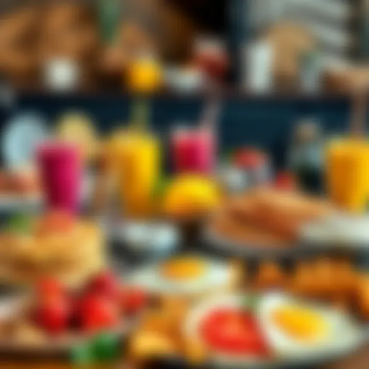 A colorful display of various breakfast foods including pancakes, eggs, and smoothies on a table.