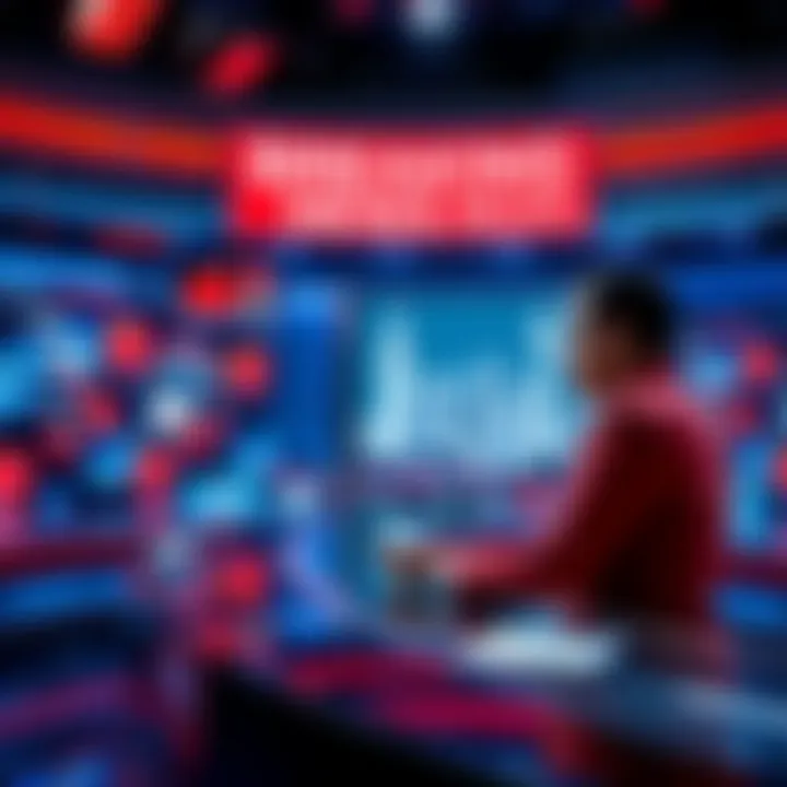 A news anchor reporting live with breaking news graphics in the background