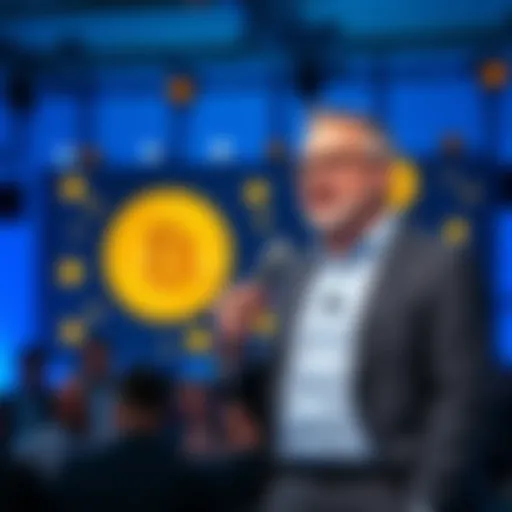 Coinbase CEO Brian Armstrong speaking about Bitcoin at a conference with a large screen displaying Bitcoin symbols in the background