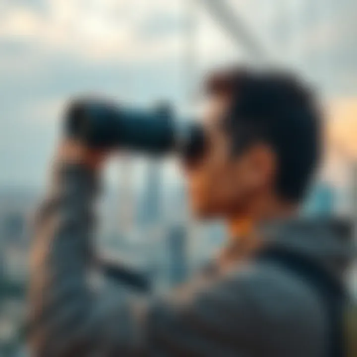 A person looking through a pair of binoculars at a distant cityscape, emphasizing the concept of gaining a broader view of life and societal issues.