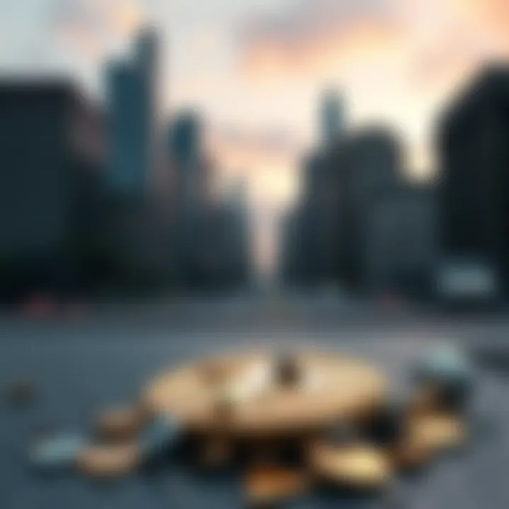 A visual representation of a shattered crypto coin symbolizing lost financial hopes, in front of a cityscape showing corporate buildings, reflecting the struggle between grassroots finance and institu...