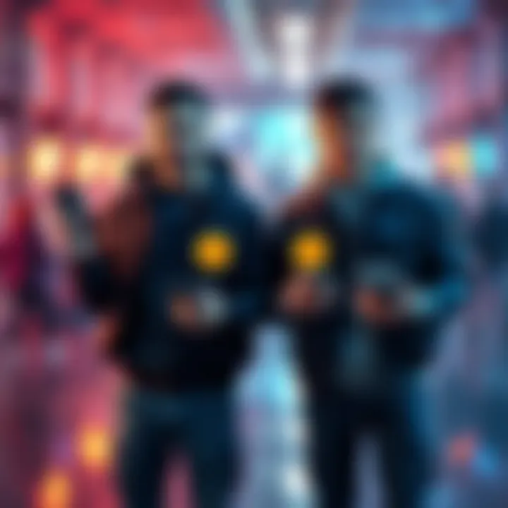 Two brothers standing together, holding digital devices with cryptocurrency symbols, showing determination and unity in a tech-focused environment.