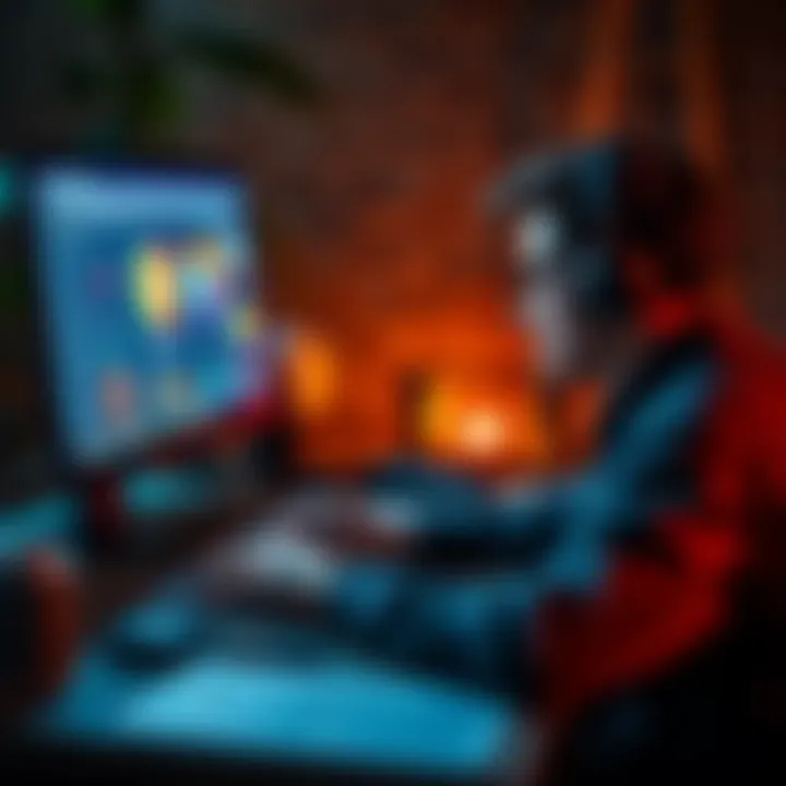A person sitting at a desk, focused on a laptop screen, engaged in mining BrowserCoin through an online platform, illustrating the concept of browser-based cryptocurrency mining.