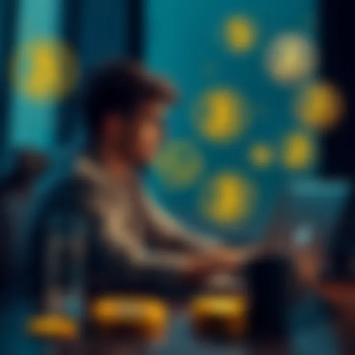 Individual sitting at a desk, contemplating various options with a laptop and cryptocurrency symbols around them