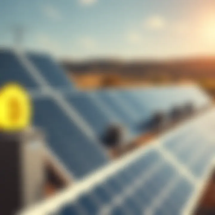 A solar power setup for Bitcoin mining, showing solar panels and mining equipment in a sunny outdoor environment.