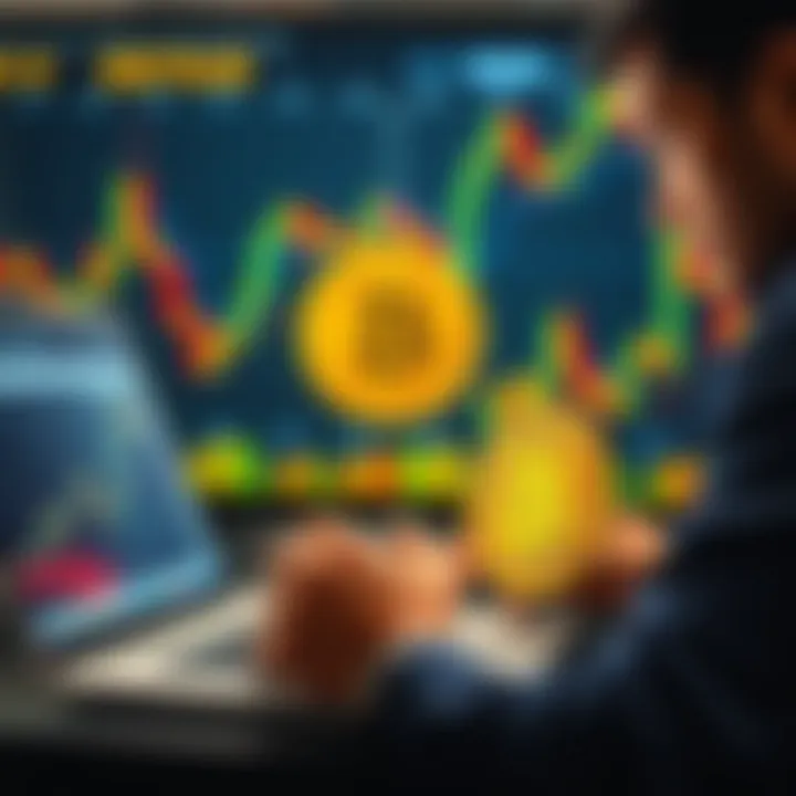 A person examining Bitcoin investment options on a laptop with financial charts in the background