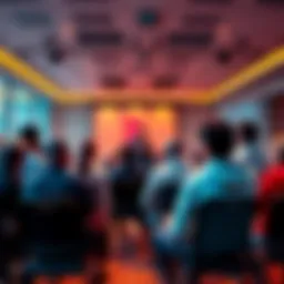 A diverse group of people gathered in a conference room listening to BTC Coach discussing Bitcoin strategies