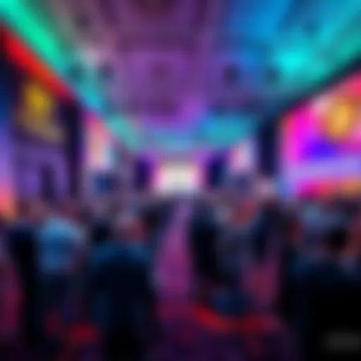 Attendees networking at the BTC Conference in Las Vegas, with speakers on stage and a corporate atmosphere