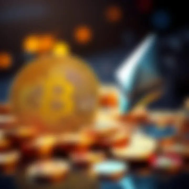 A digital representation of Bitcoin and Ethereum tokens being exchanged, showing low fees and fast transactions.