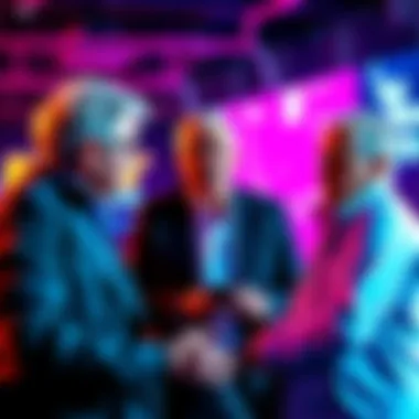 A group of seasoned investors sharing insights with a younger investor about Bitcoin strategies and market warnings