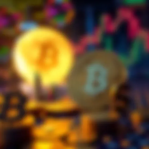 A visual representation of Bitcoin and MOON token with charts and currency symbols representing cryptocurrency ownership