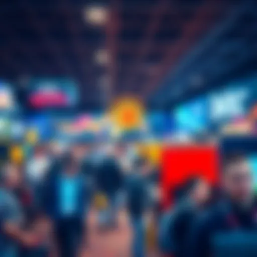 A bustling conference scene with attendees networking and exploring booths related to Bitcoin