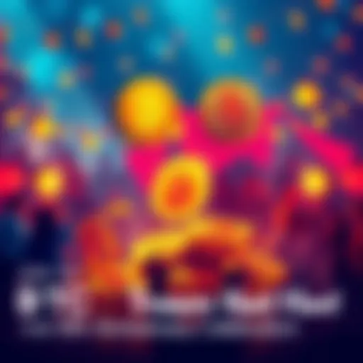 A festive scene showing people gathering around with BTC symbols, collecting fragments and trading for prizes.