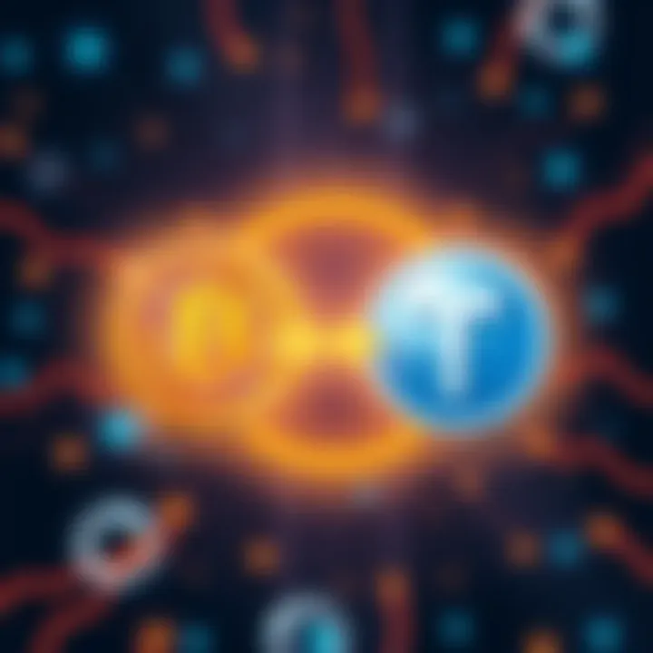 Illustration showing Bitcoin and Tether logos with arrows indicating exchange between them