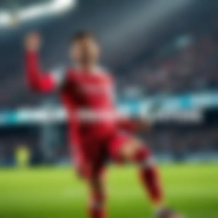 A soccer player in a budget-friendly uniform celebrates while analyzing player stats on a tablet.