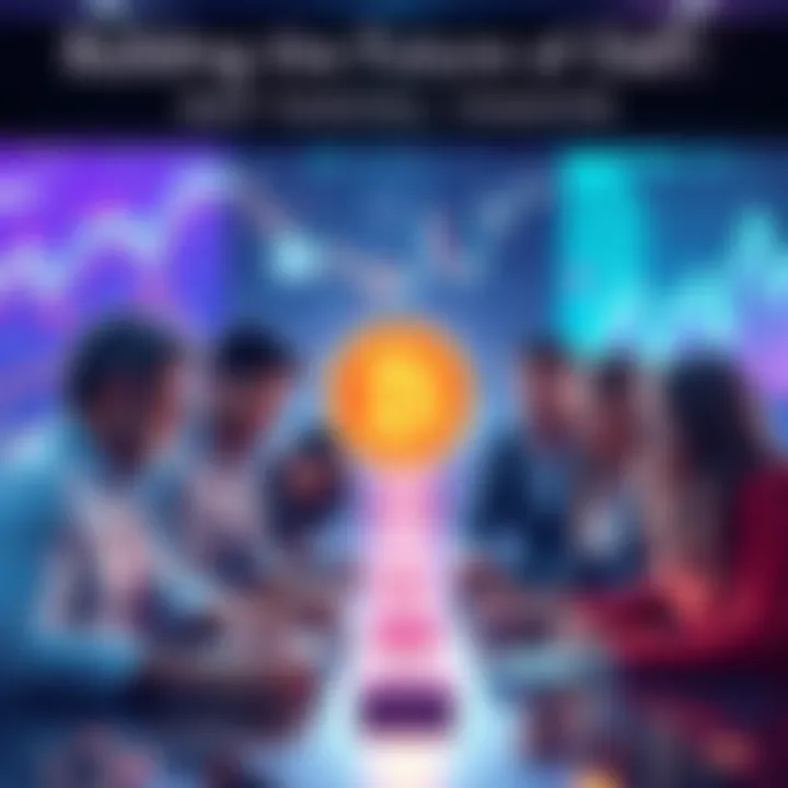 A group of diverse people collaborating on a blockchain project, surrounded by digital graphs and finance symbols, representing teamwork in decentralized finance.