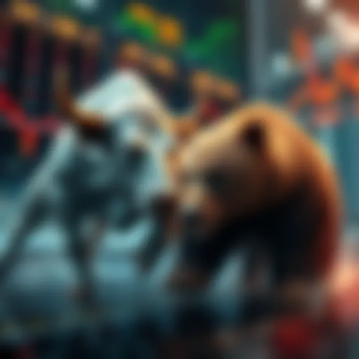 A Bull and Bear in a Stock Market Setting A striking visual representation of market dynamics, featuring a bull and a bear amidst stock charts and declining trends, symbolizing the current situation of $WHITE.