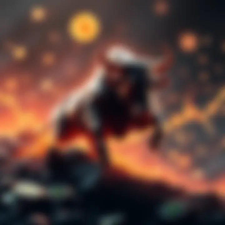 A graphic of a bull charging upward, symbolizing a potential surge in the cryptocurrency market, with digital coins in the background.