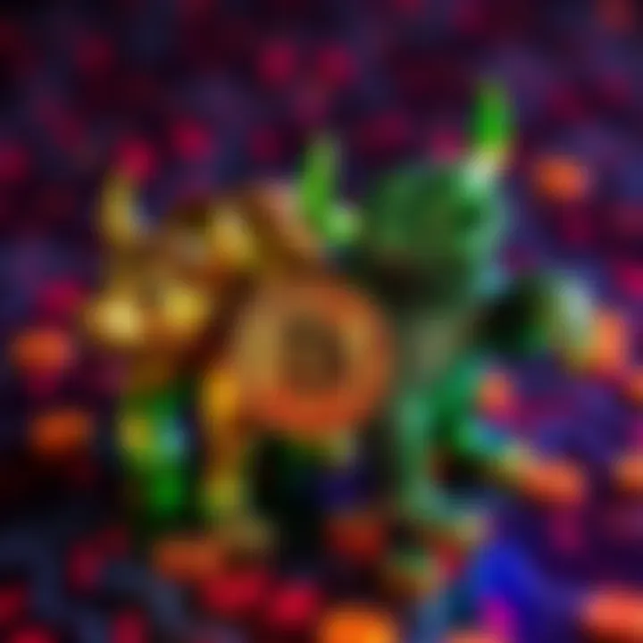 A bull and bear symbolizing the cryptocurrency market, showing contrasting market trends with a digital currency background.