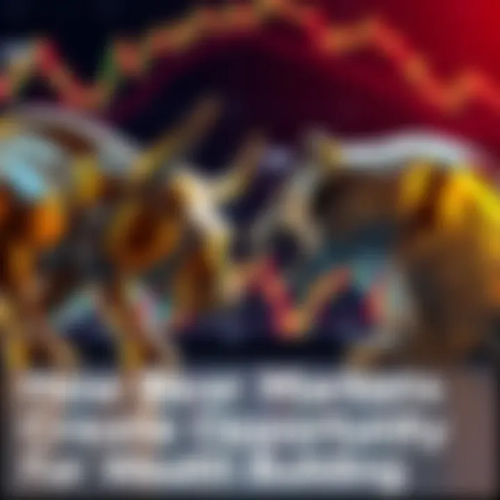 A golden bull and a silver bear facing each other, representing the contrast between market growth and decline, set against a backdrop of stock market graphs indicating fluctuations.