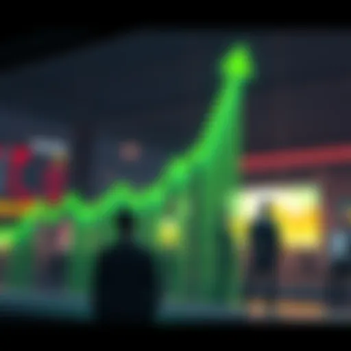 Bull Market Illustration A stock market graph showing an upward trend with green arrows, symbolizing a bullish market. Investors are discussing the market in the background.