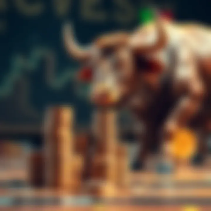 A determined bull stacking coins on a table, representing patience in investment during a dull market phase.