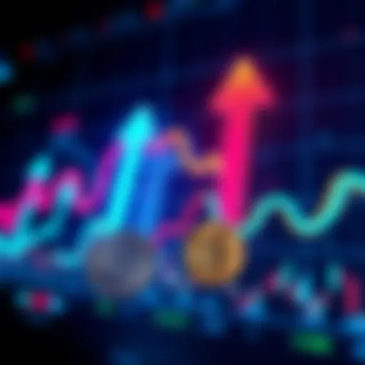 A chart showing the fluctuating trends in cryptocurrency prices with upward and downward arrows, representing bullish and bearish sentiments.