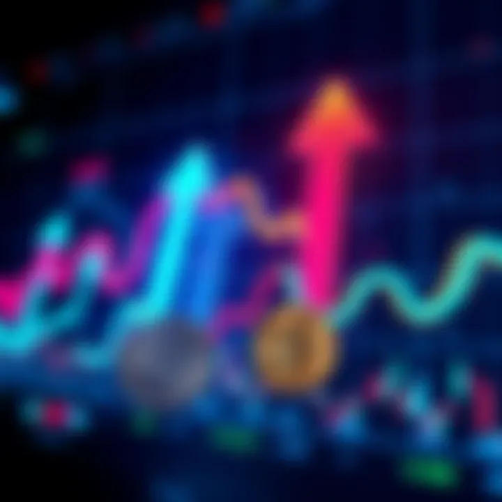A chart showing the fluctuating trends in cryptocurrency prices with upward and downward arrows, representing bullish and bearish sentiments.