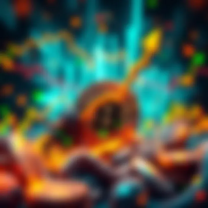 An abstract representation of Bitcoin's upward trajectory with charts and financial symbols against a dynamic background.