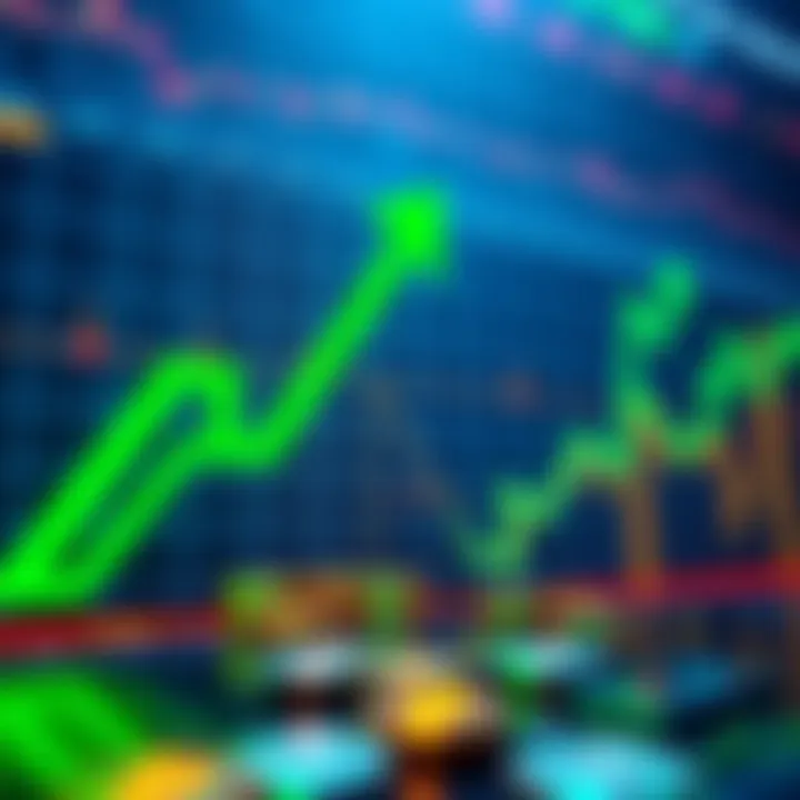 A bullish chart showing rising cryptocurrency values over time with green upward arrows, symbolizing long-term gains and patience in investing