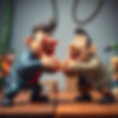 A humorous Claymation scene featuring Burry and Tom Lee in a playful fight, with colorful backgrounds and exaggerated expressions.