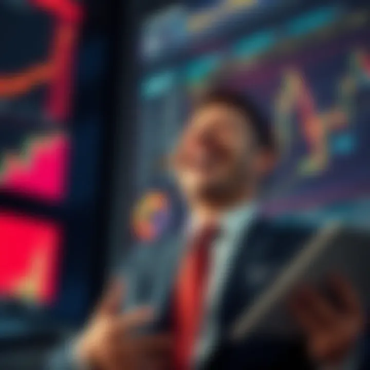 A business person in a suit laughing while looking at financial charts
