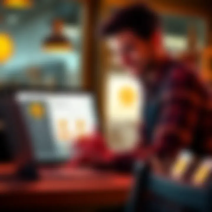 A business owner smiling while looking at a laptop screen showing a Bitcoin payment interface