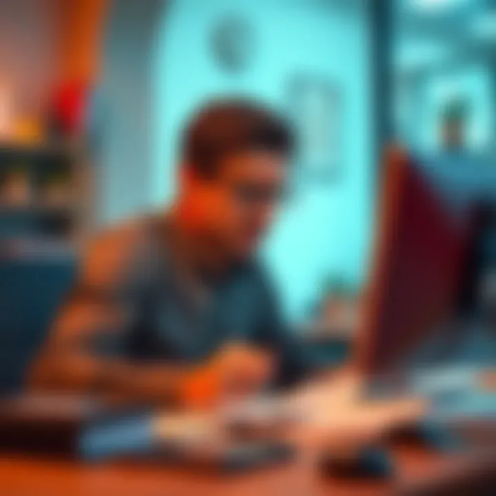 A small business owner looking worried while checking their computer for bank account issues, with bills and employee payments visible on the desk.