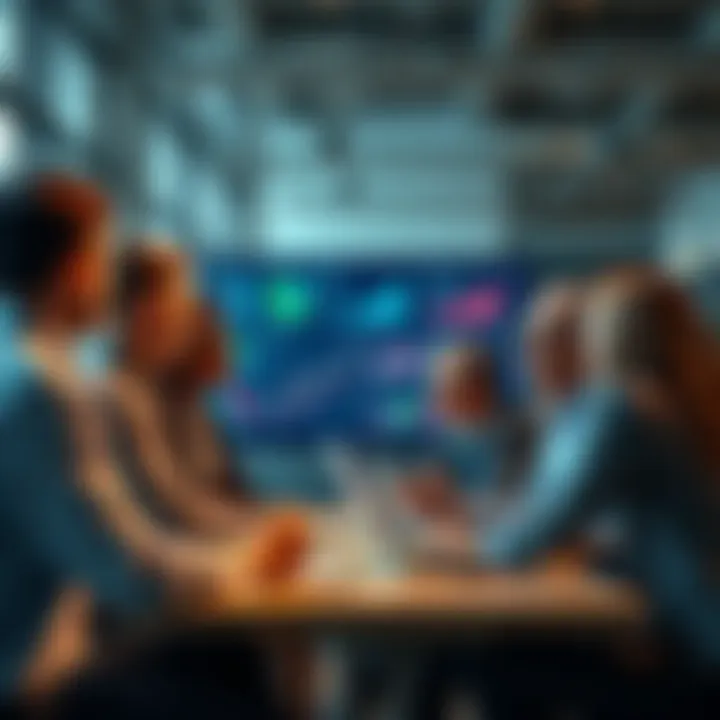 Business Strategy Overview A diverse group of professionals discussing business strategies in a modern office setting, with charts and graphs on a screen.